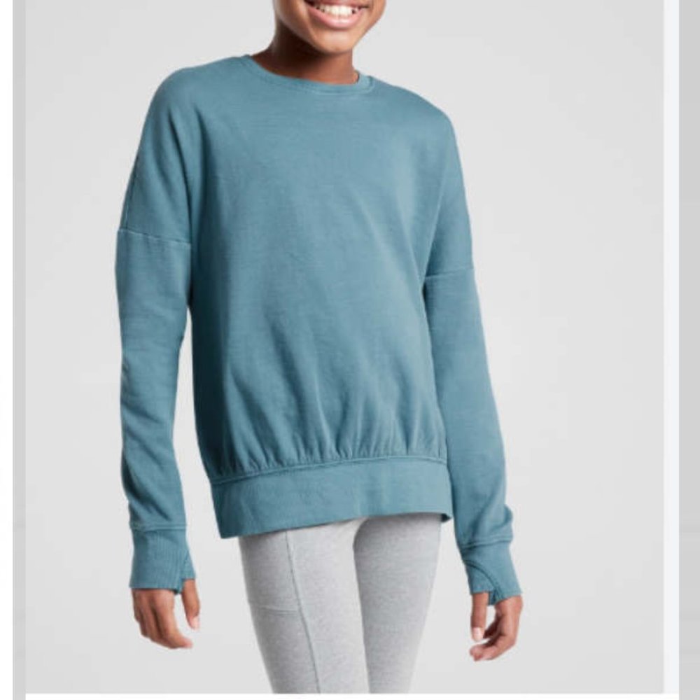 Athleta Girl Beachy Scrunch Pullover Crew‎ Neck Sweatshirt Teal Blue XL 14